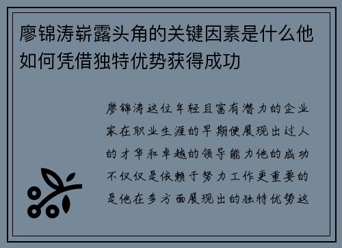 廖锦涛崭露头角的关键因素是什么他如何凭借独特优势获得成功