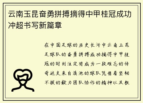 云南玉昆奋勇拼搏摘得中甲桂冠成功冲超书写新篇章