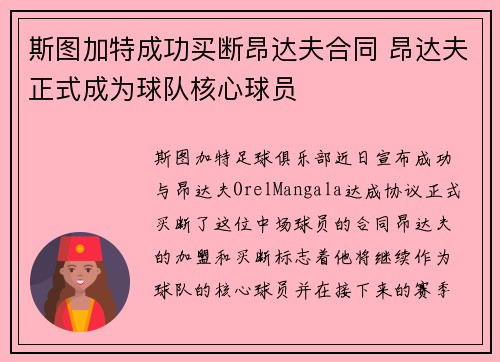 斯图加特成功买断昂达夫合同 昂达夫正式成为球队核心球员