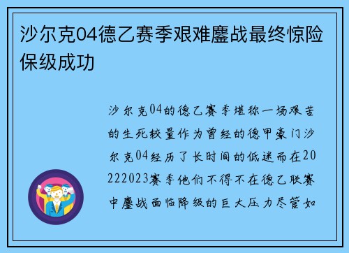 沙尔克04德乙赛季艰难鏖战最终惊险保级成功