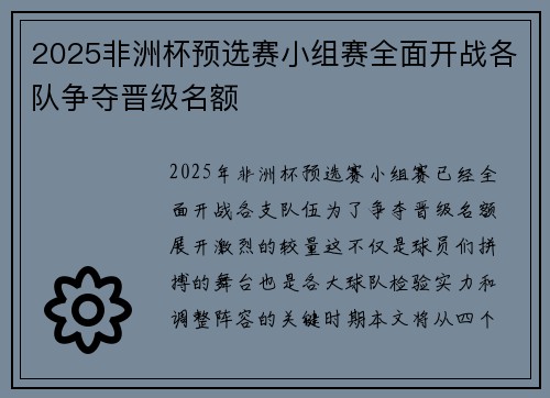 2025非洲杯预选赛小组赛全面开战各队争夺晋级名额