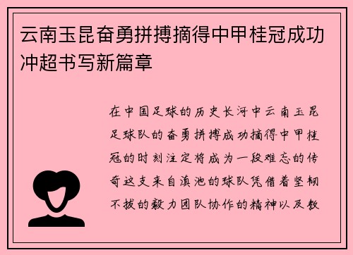 云南玉昆奋勇拼搏摘得中甲桂冠成功冲超书写新篇章 云南玉昆奋勇拼搏摘得中甲桂冠成功冲超书写新篇章